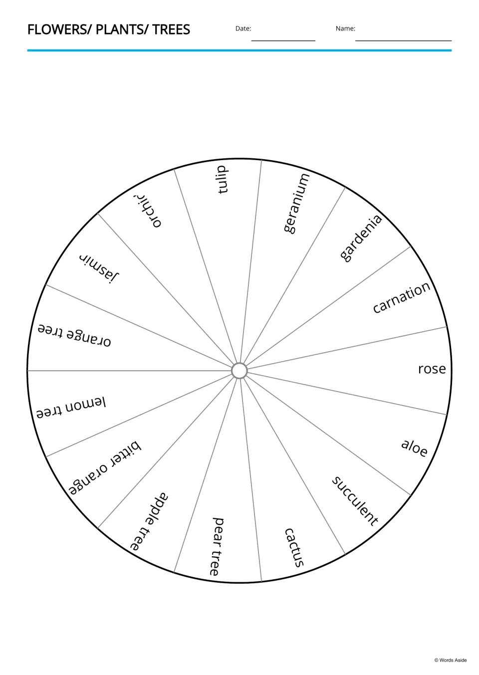 Plant word wheel: 15 plant names, including tulip, geranium, rose, aloe and pear tree, placed around one circle