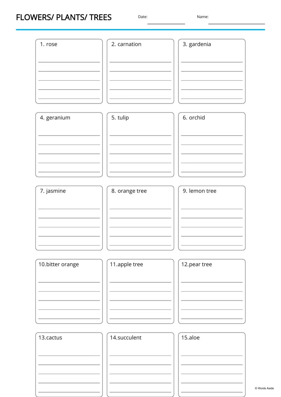 Plant vocabulary writing page: students write about each of 15 named plants, including jasmine, orange tree and succulent