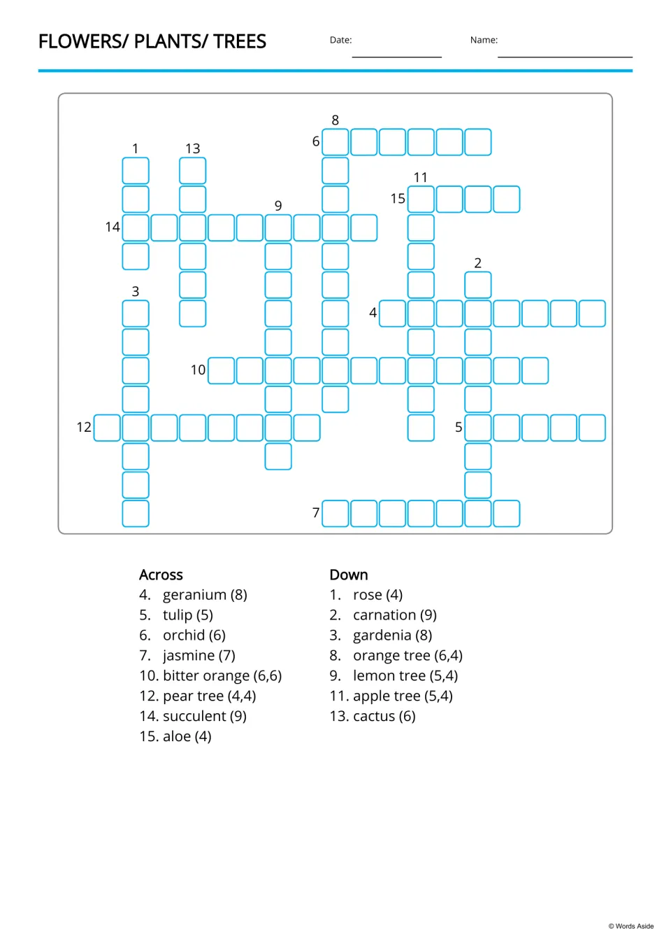 Plants crossword: students fill in 15 answers from across and down clues listing each plant name with its letter count
