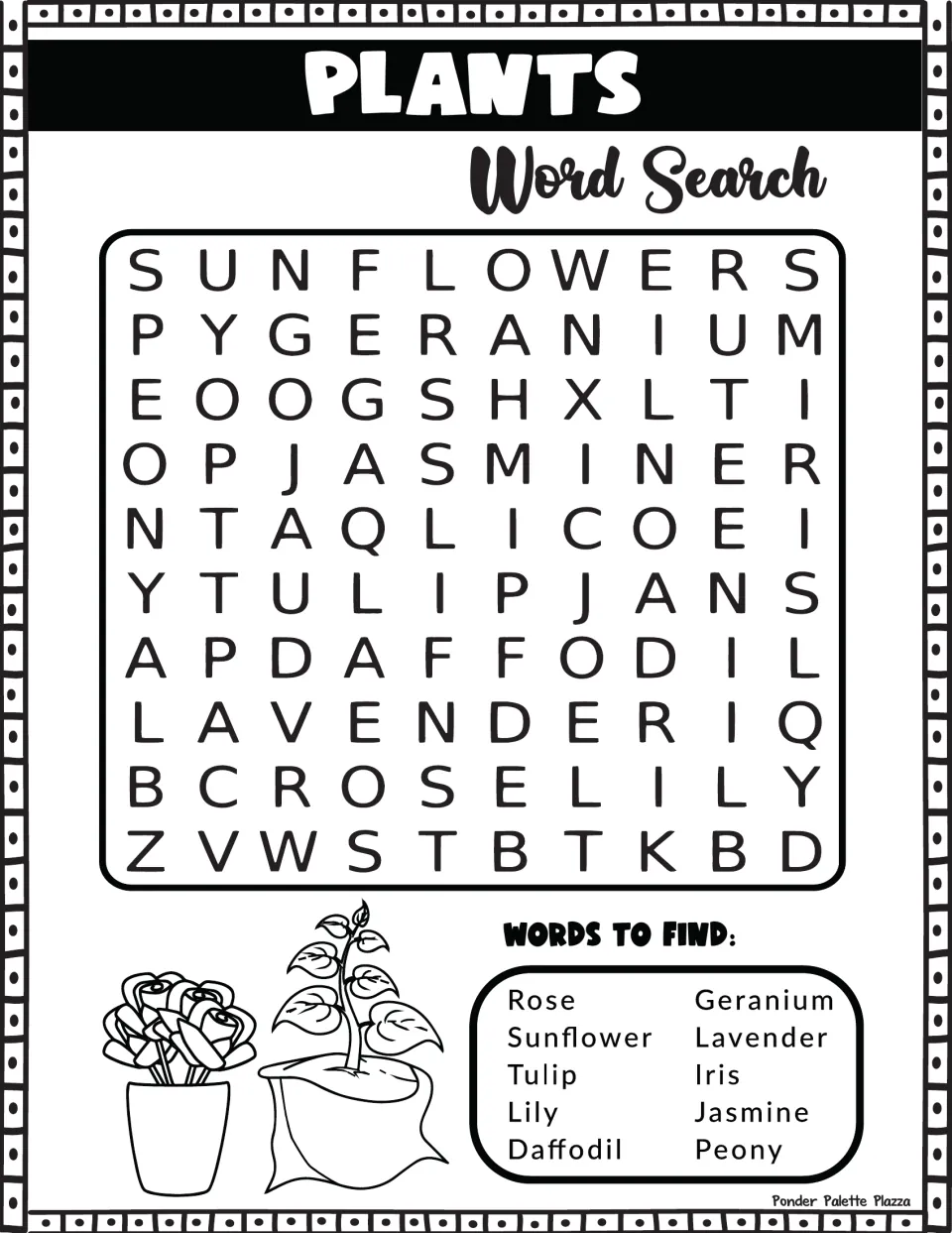 Plants word search: students find 10 flower names such as rose, tulip, daffodil and peony; vocabulary practice