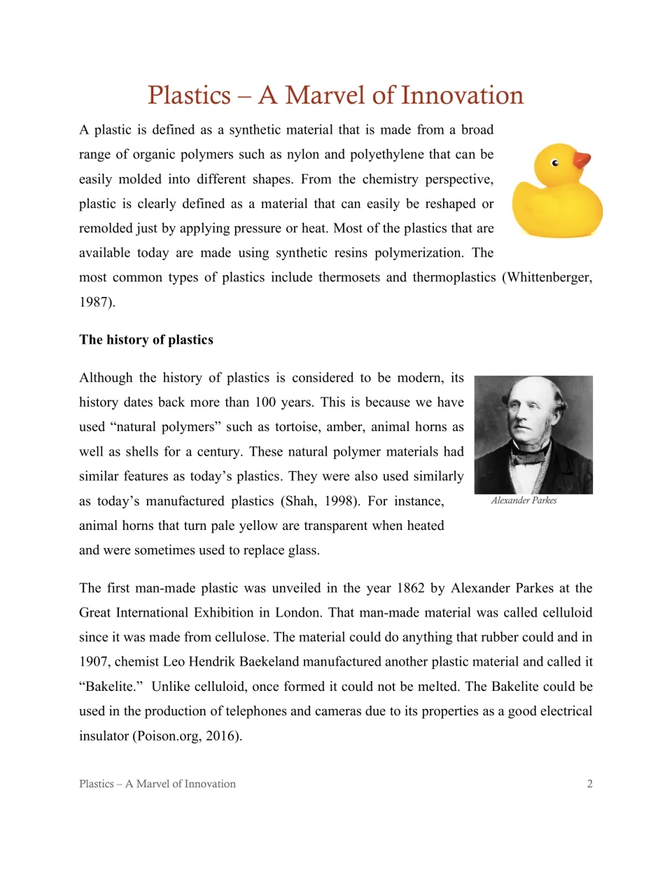 Plastics article opening: definitions, thermosets and thermoplastics, and the work of Parkes and Baekeland