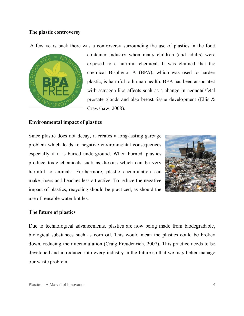 Plastics article conclusion: BPA controversy, environmental impacts, recycling, and biodegradable materials