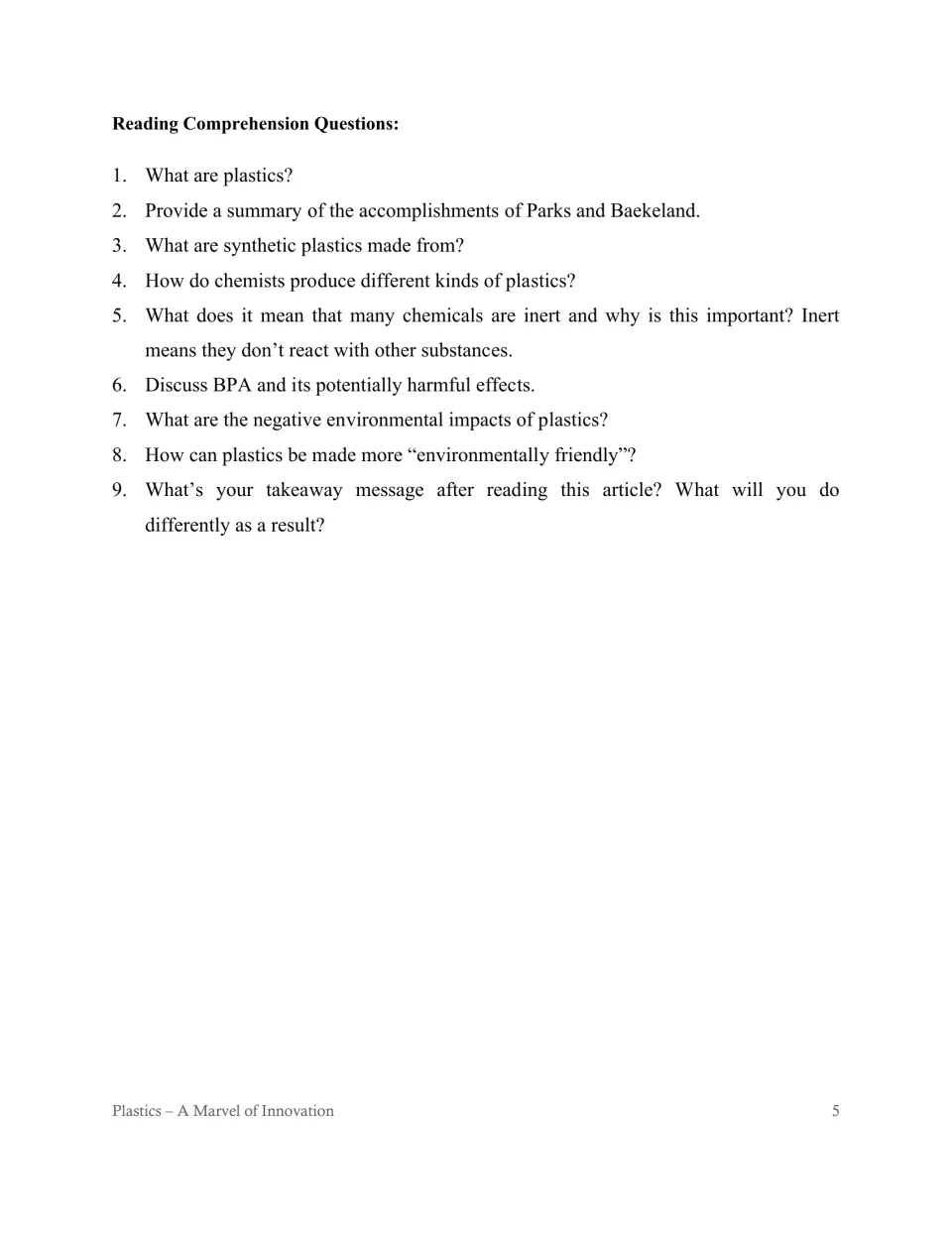 Nine reading comprehension questions on plastics, inventors, production, BPA, environmental impacts, and reflection