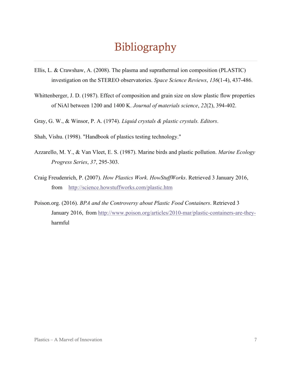 Bibliography for the plastics article, listing seven references including How Plastics Work and Poison.org