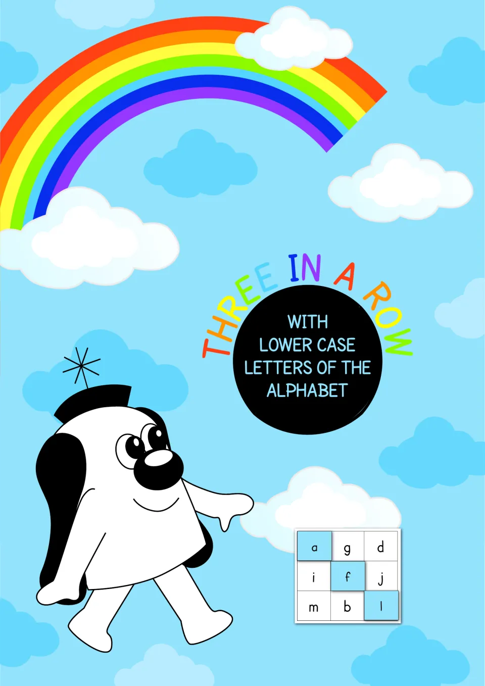 Cover of a lower case alphabet three-in-a-row game: a cartoon dog points to a sample a-m board with a diagonal win