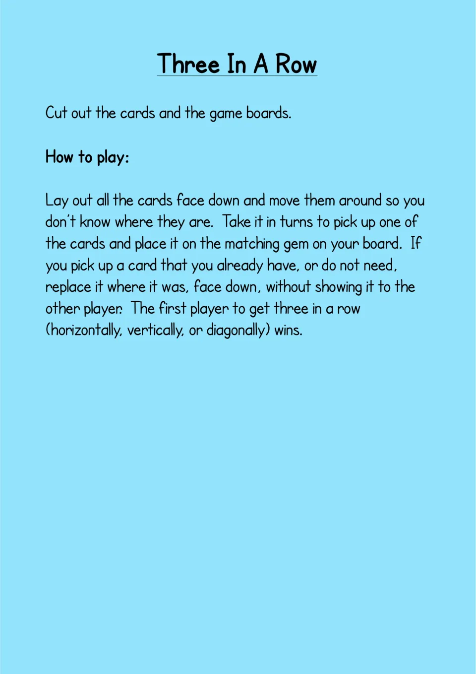Game rules: players turn over face-down letter cards and match each to their board, aiming for three in a row to win