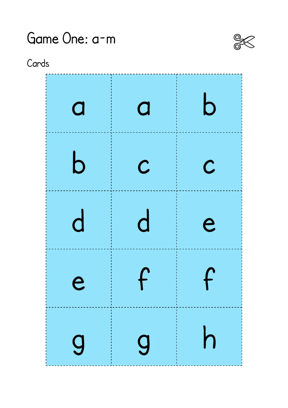 Game One letter cards a to h: students cut out paired lower case cards for a through g plus one h for letter matching
