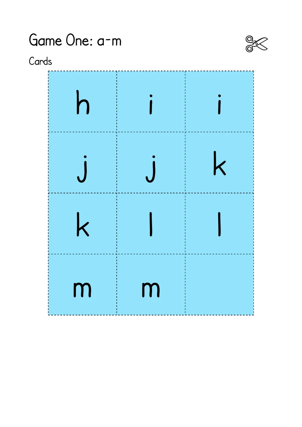 Game One letter cards h to m: the rest of the a-m deck, with a second h and pairs of i, j, k, l and m to cut out