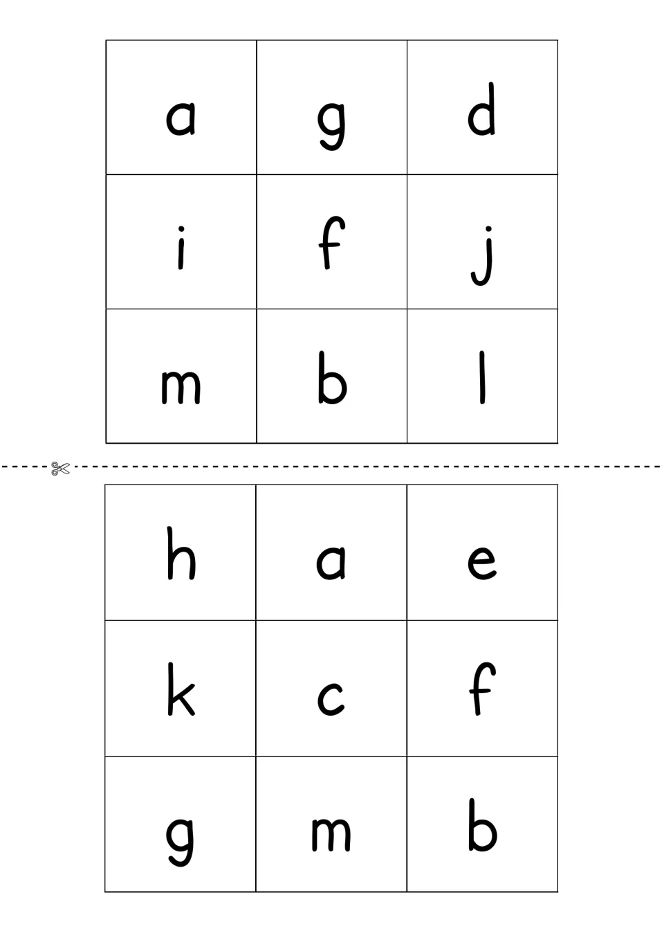 Two Game One boards of nine lower case letters (a, g, d, i, f, j, m, b, l and h, a, e, k, c, f, g, m, b) to cut apart