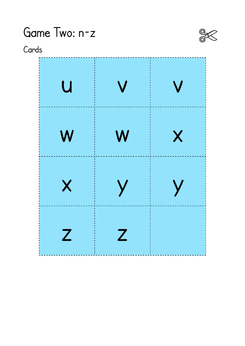 Game Two letter cards u to z: the rest of the n-z deck, with a second u and pairs of v, w, x, y and z to cut out
