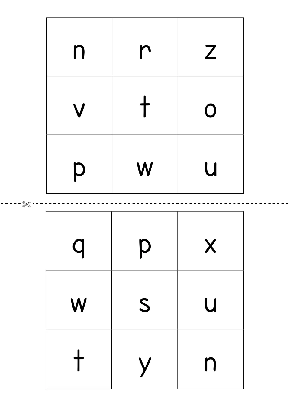 Two Game Two boards of nine lower case letters (n, r, z, v, t, o, p, w, u and q, p, x, w, s, u, t, y, n) to cut apart