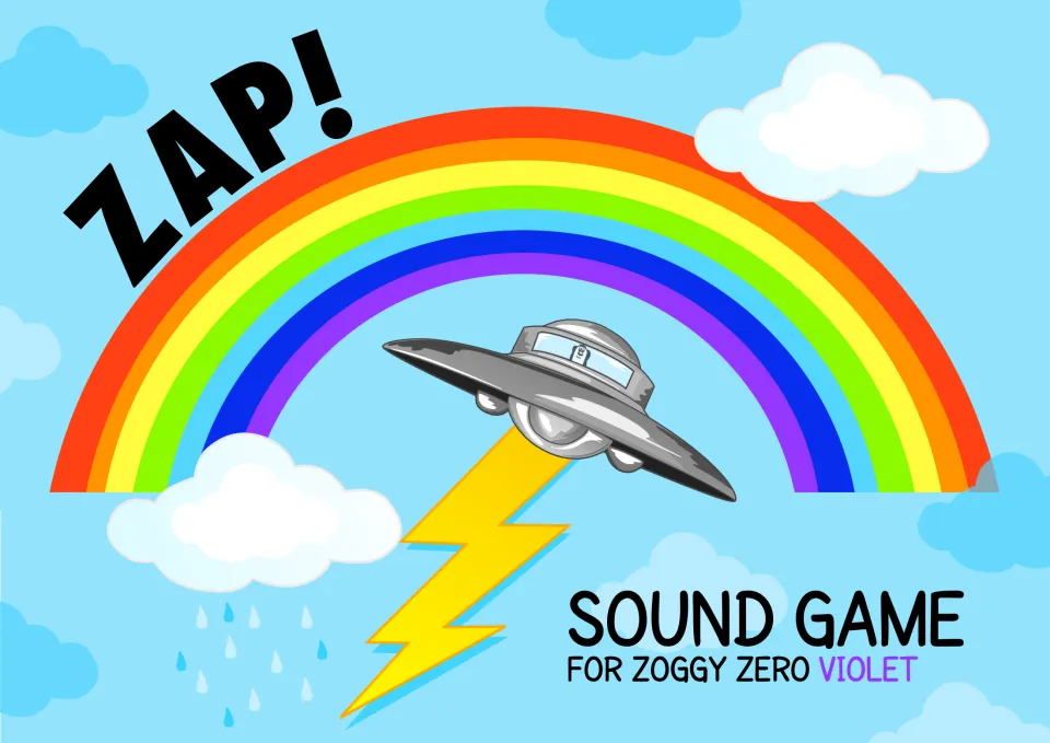 ZAP! Sound Game for Zoggy Zero Violet cover: a flying saucer beams a lightning bolt under a rainbow and rain clouds