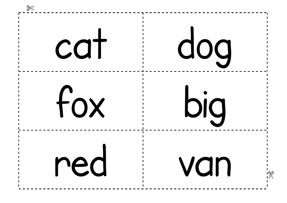 CVC word cards to cut out: cat, dog, fox, big, red and van, used as starting words for swapping the first letter