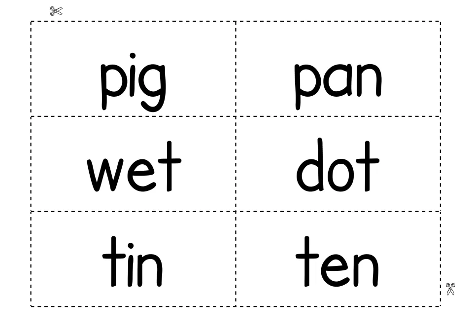Three-letter word cards to cut out showing pig, pan, wet, dot, tin and ten for reading and changing the initial sound