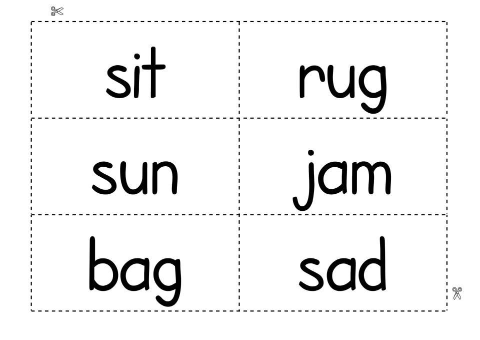 Word cards to cut out with sit, rug, sun, jam, bag and sad for decoding short-vowel words and substituting onsets