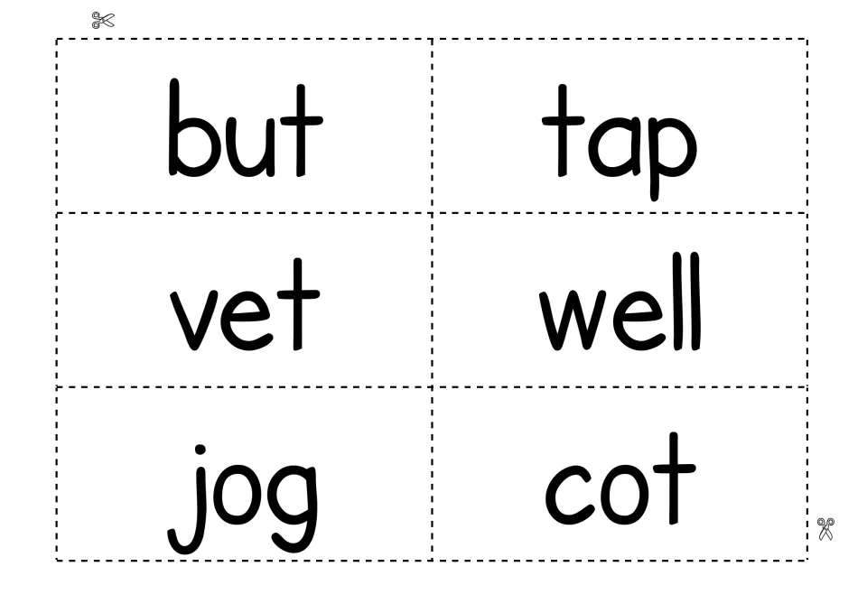 Final word cards to cut out: but, tap, vet, well, jog and cot, for reading each word and swapping its first letter