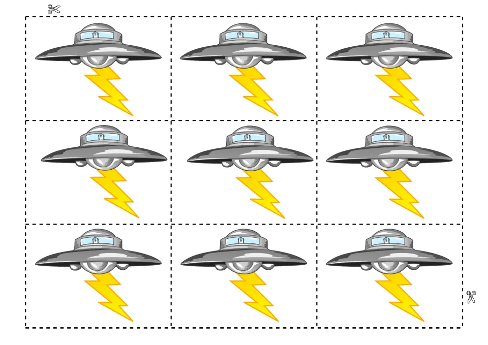 Nine flying saucer cut-outs, each beaming a lightning bolt, to glue onto sticks as zap pointers for covering letters
