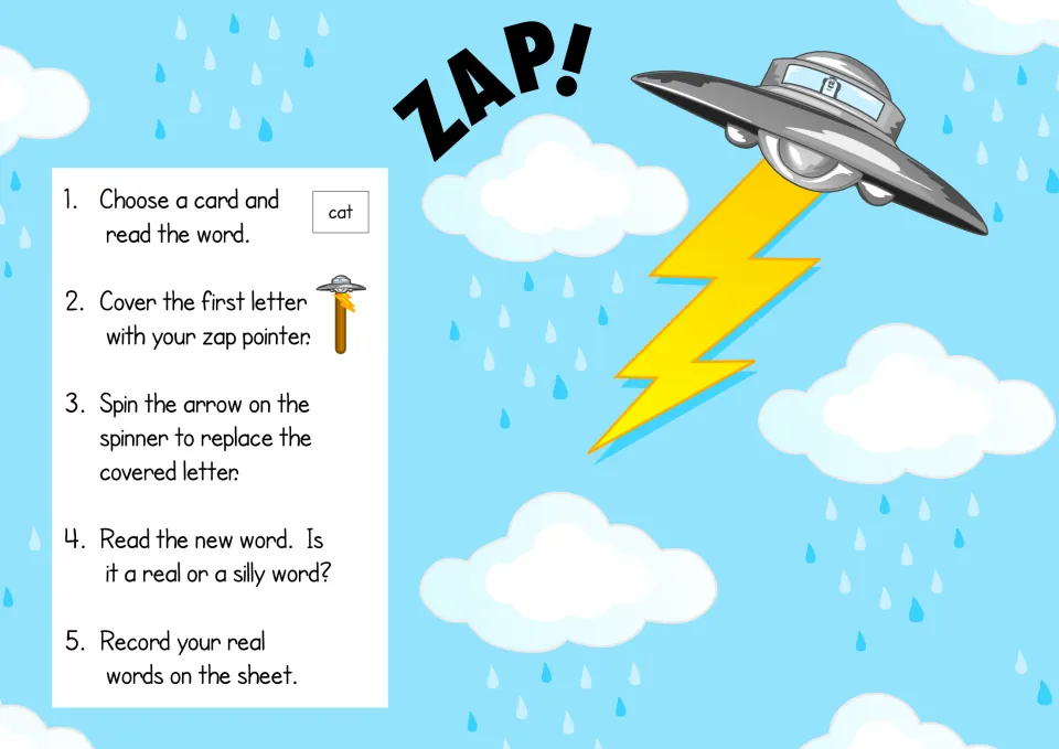 How to play: read a card, cover its first letter with the zap pointer, spin for a new letter and judge real or silly word