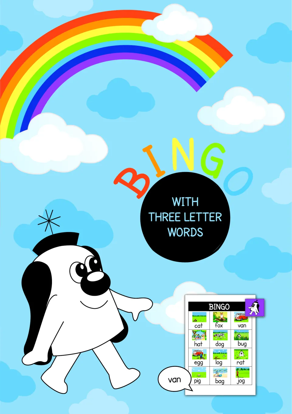 Bingo with Three Letter Words cover: a cartoon dog says van beside a sample picture card showing cat, fox, van and pig