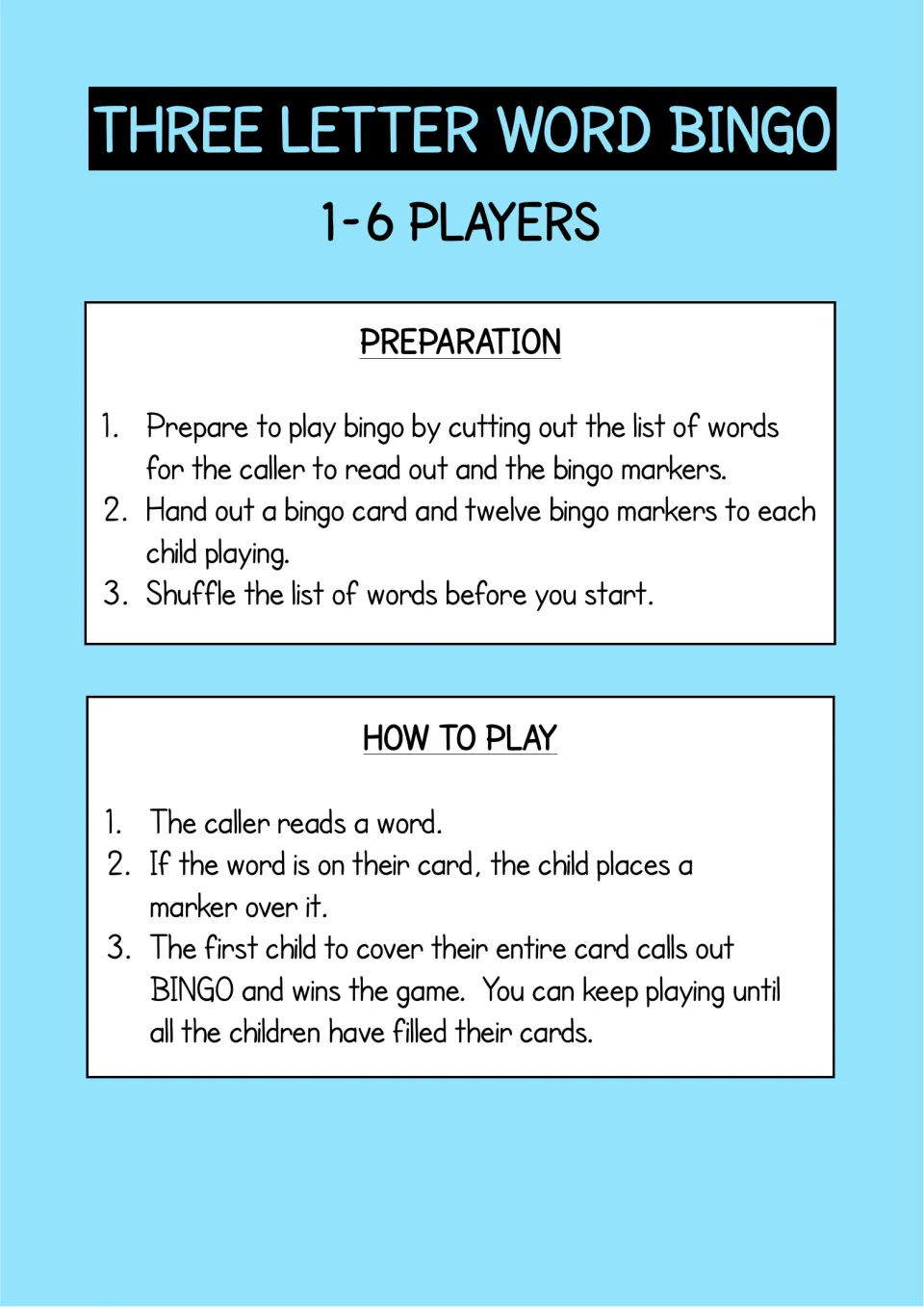 Three letter word bingo rules for 1-6 players: preparation steps and how to play, covering called words with 12 markers