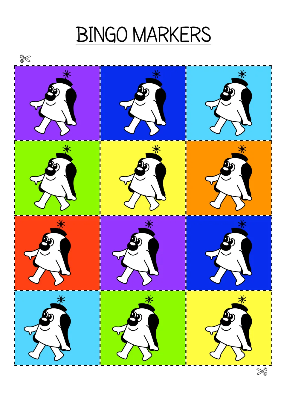Bingo markers, sheet 1 of 6: 12 cut-out squares in bright colours, each showing the walking cartoon dog mascot