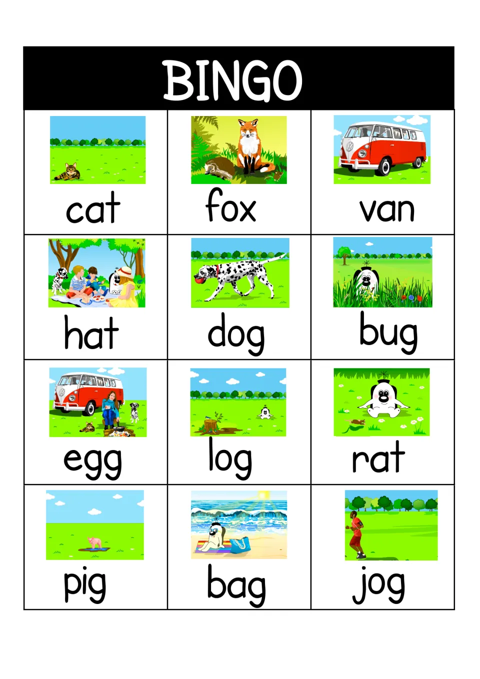 Bingo card to mark as words are called: pictures labelled cat, fox, van, hat, dog, bug, egg, log, rat, pig, bag and jog