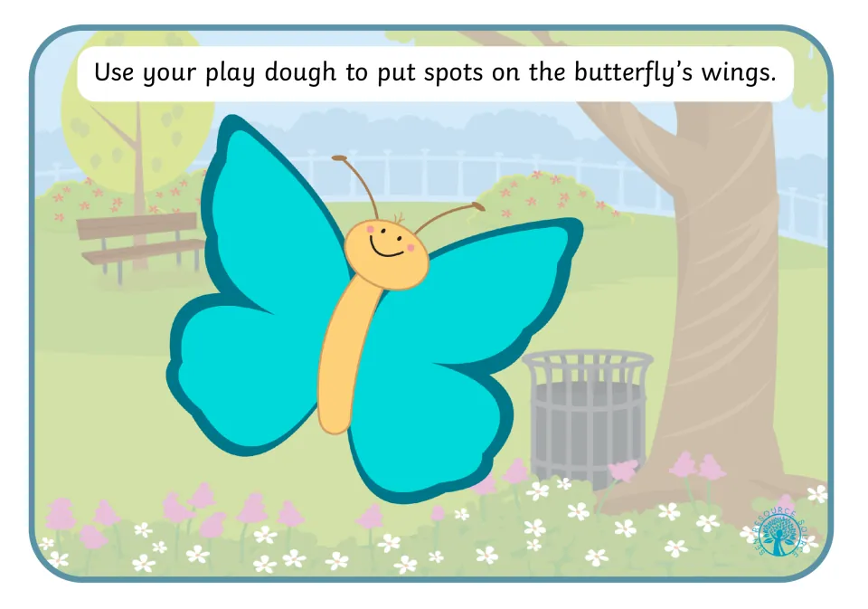 Play dough mat 1: add spots to the butterfly's wings to complete the large butterfly picture.