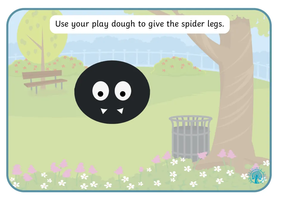 Play dough mat 2: make legs for the spider, shown as a black body with eyes and no legs attached.