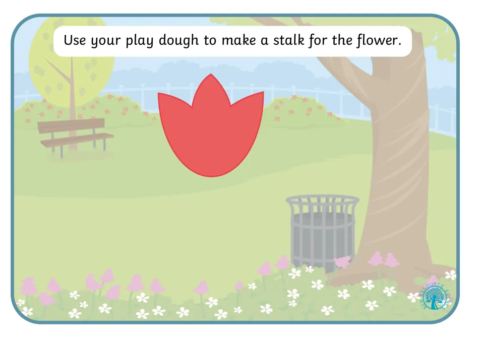 Play dough mat 3: make a stalk for the flower, shown as a red flower head without a stem beneath it.