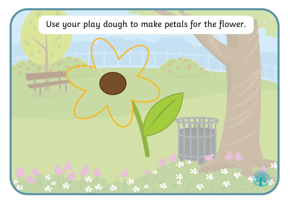 Play dough mat 4: make petals for the flower, which has a brown center, outlined petals, and a leaf.