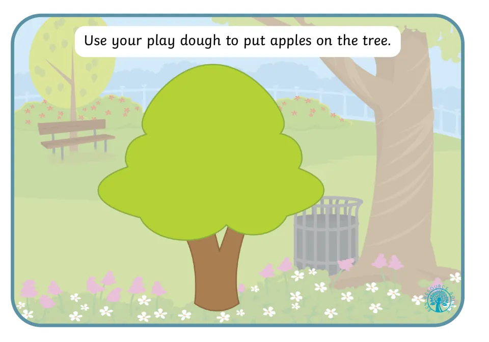 Play dough mat 5: put apples on the tree, shown with a large green treetop and no fruit on its branches.