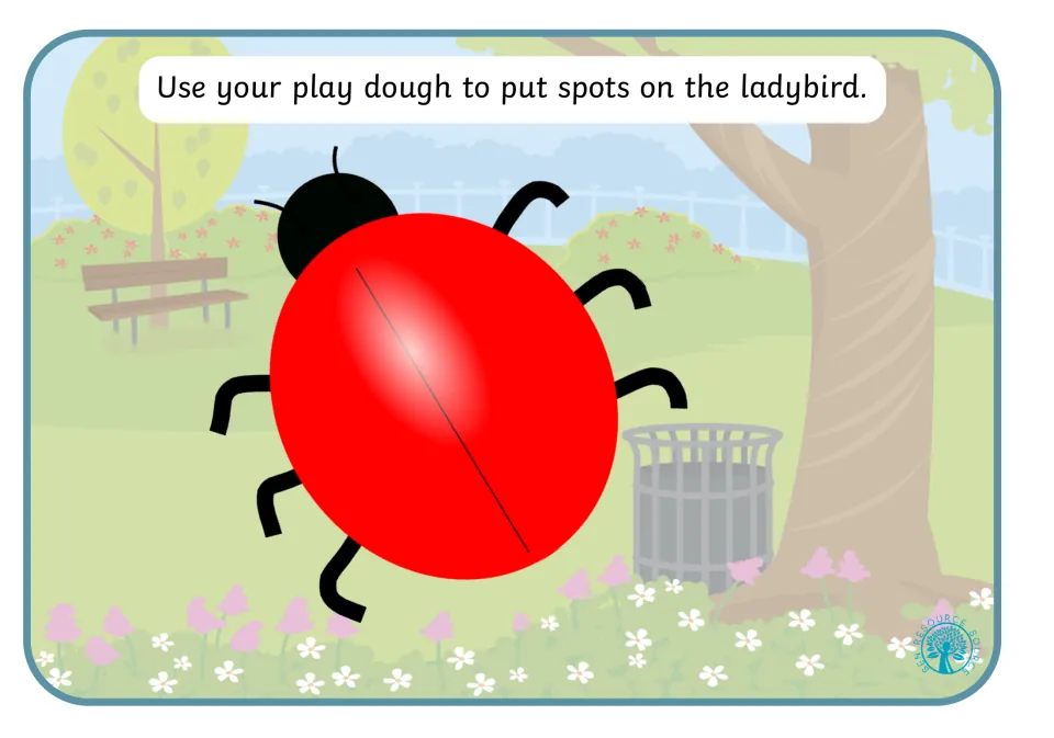 Play dough mat 6: add spots to the ladybug, shown with a red body, black head, and six black legs.
