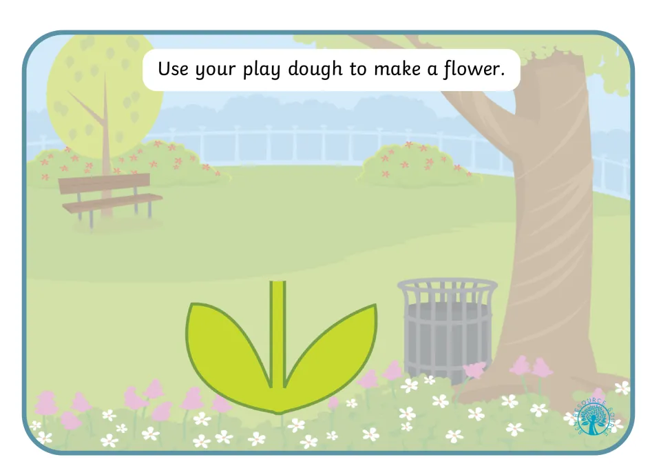 Play dough mat 7: make a flower above the pictured green stem and two leaves to complete the plant.
