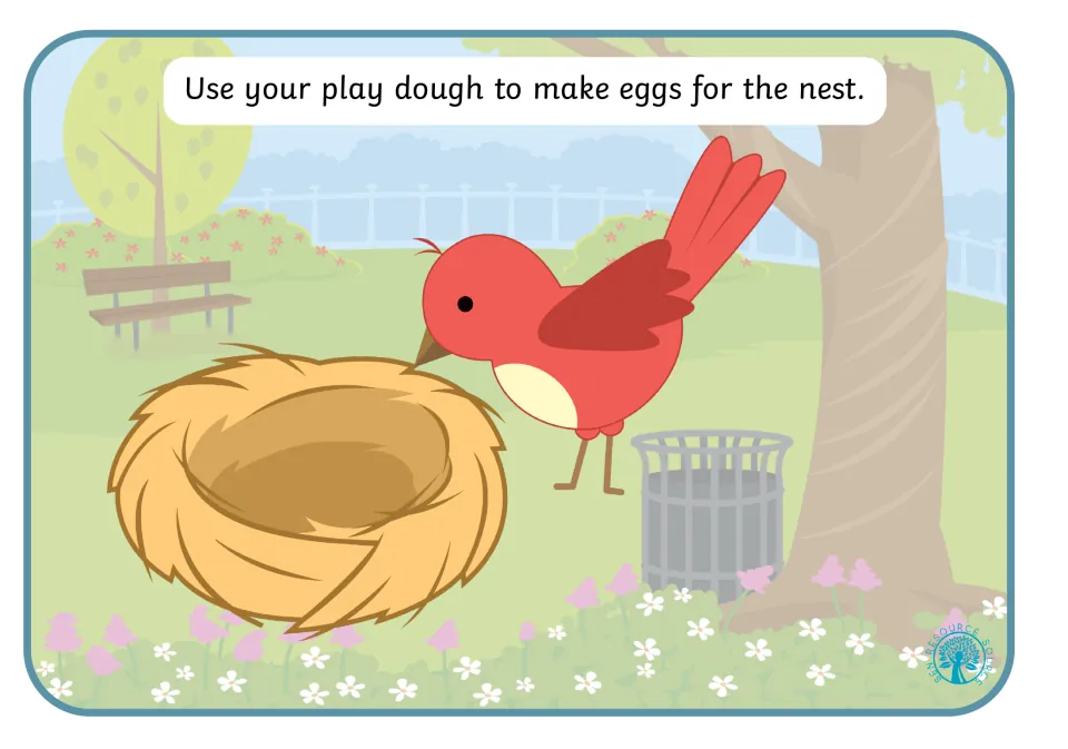 Play dough mat 9: make eggs for the nest, shown empty beside a red bird waiting next to it.