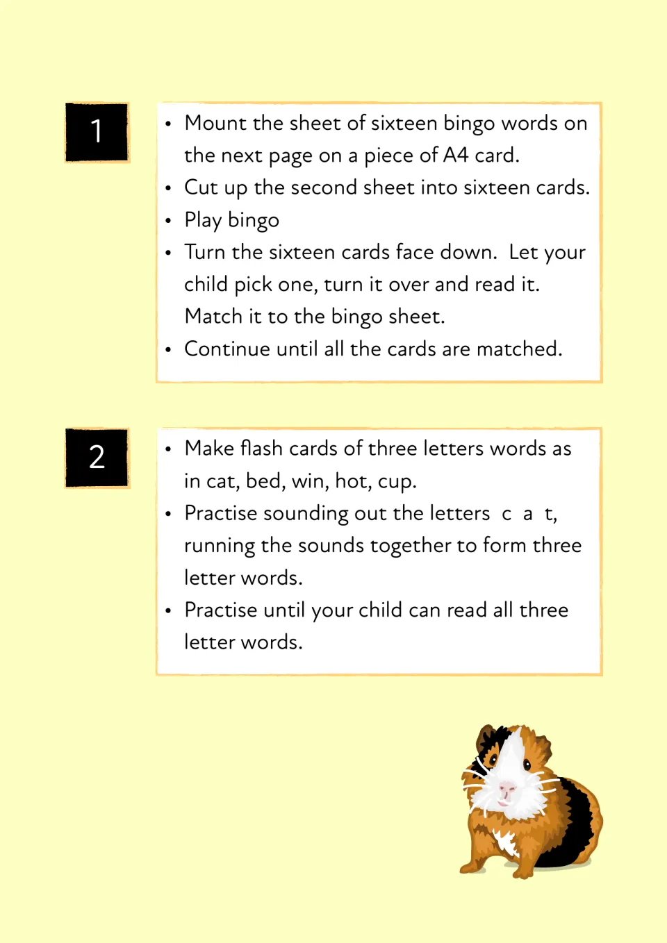 Bingo and blending steps: mount a 16-word board, match face-down word cards, then sound out c-a-t style three-letter words