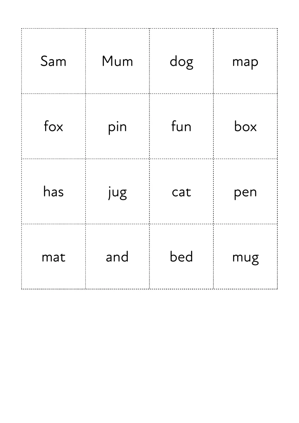 Bingo board of 16 CVC and sight words, including Sam, Mum, dog, map, fox, pin, jug, cat, pen, mat, and, bed and mug