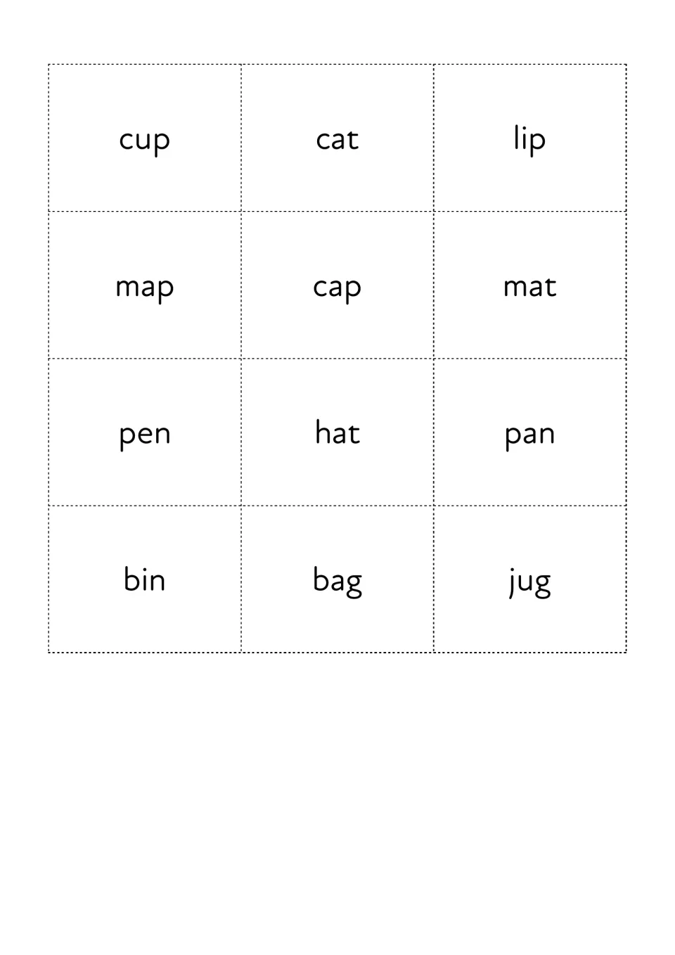 Twelve CVC word cards to illustrate and match: cup, cat, lip, map, cap, mat, pen, hat, pan, bin, bag and jug
