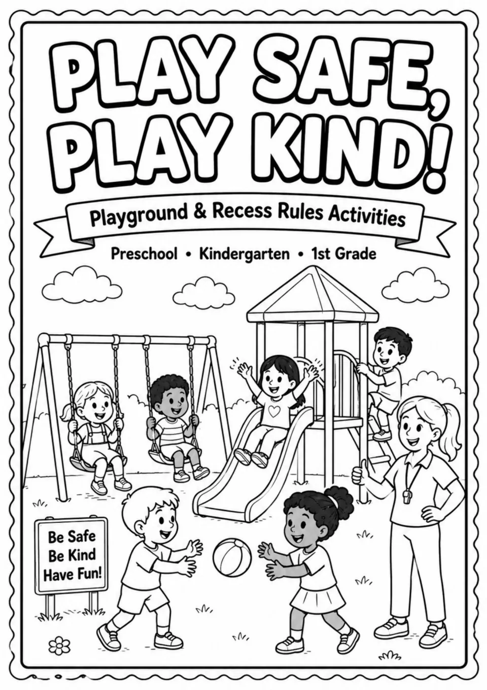 Cover of the playground rules activities for preschool, kindergarten, and first grade, showing recess play