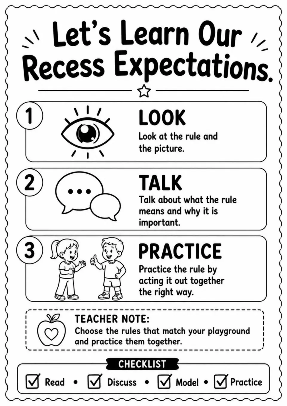 Teacher guide to recess expectations: look at each rule, talk about its meaning, and practice it together