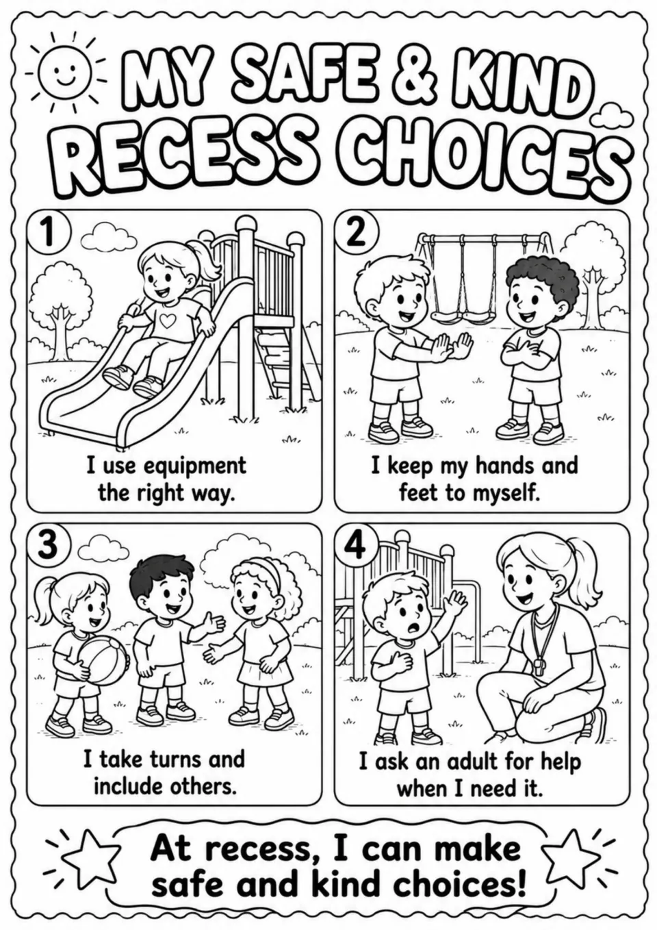Recess read-aloud page introduces four rules: use equipment correctly, keep hands safe, take turns, and get help