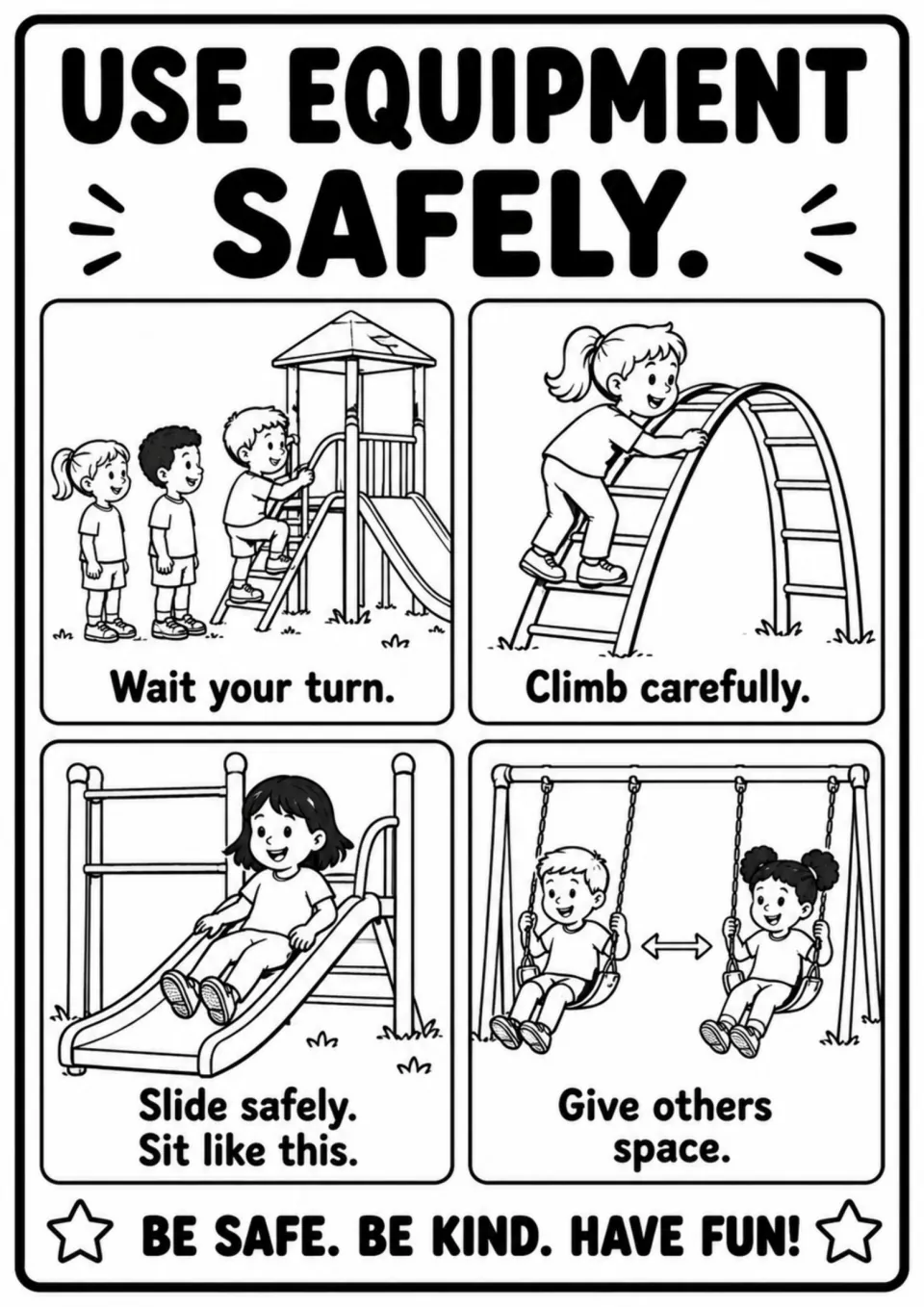 Equipment safety poster shows waiting your turn, climbing carefully, sitting on the slide, and giving space