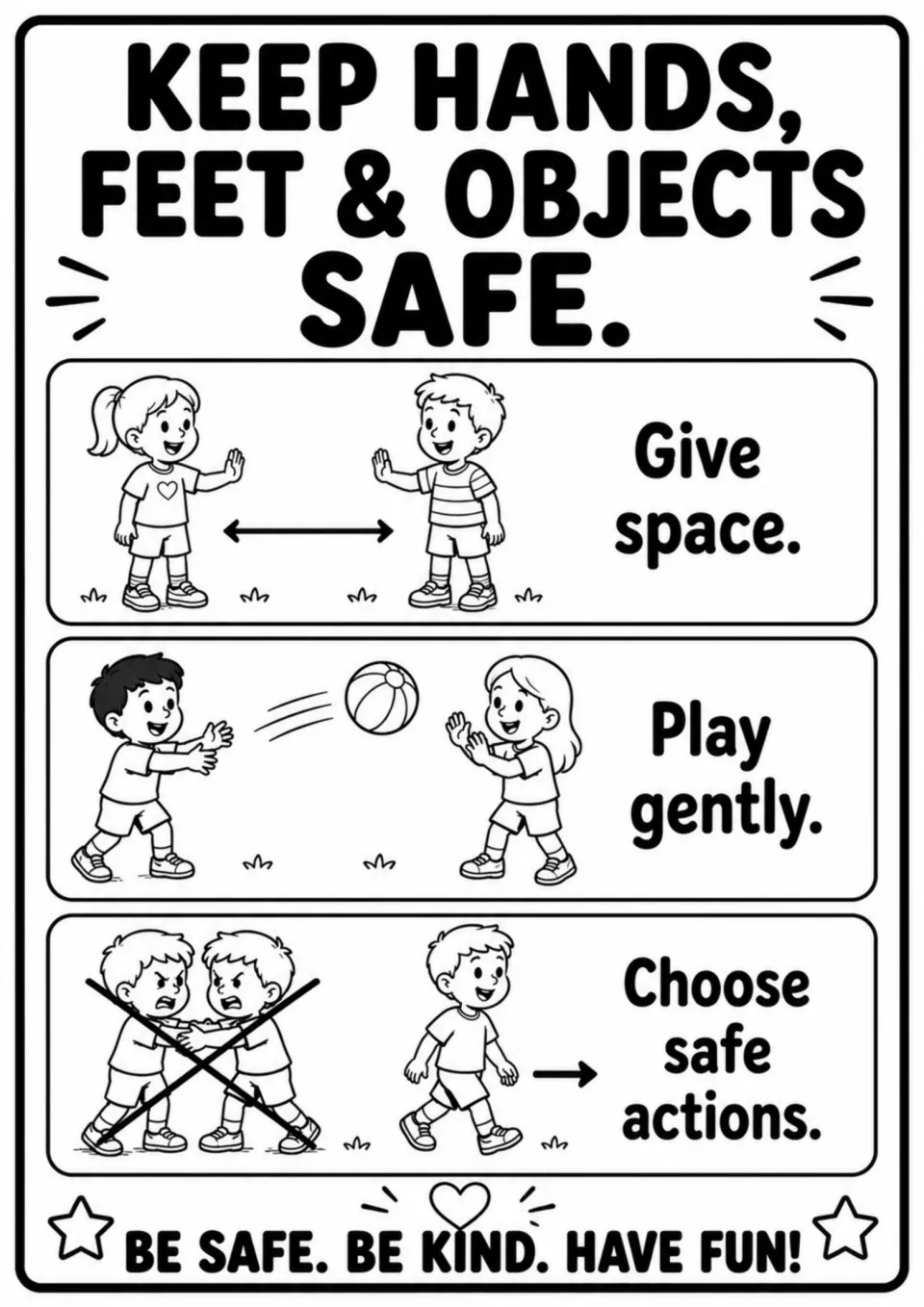 Recess safety poster teaches keeping hands, feet, and objects safe: give space, play gently, and act safely