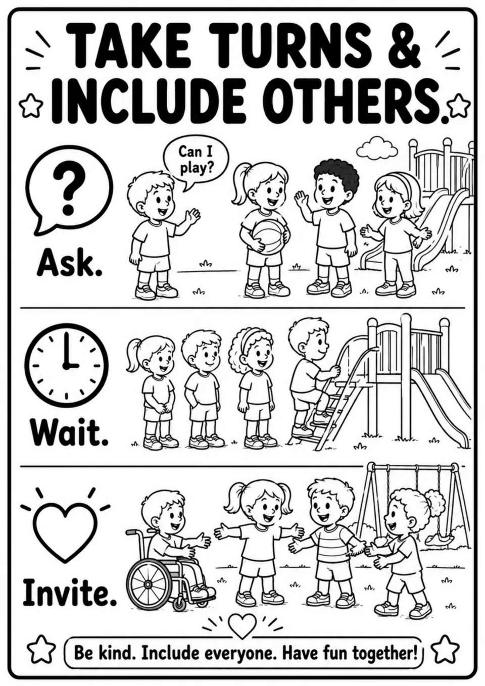 Taking turns and inclusion poster shows asking to play, waiting for equipment, and inviting others to join