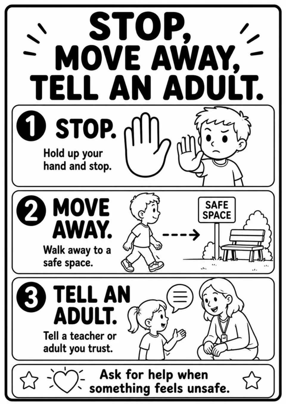 Recess help poster gives three steps for unsafe situations: stop, move to a safe space, and tell an adult