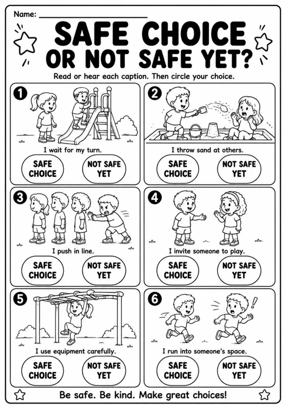 Six-item recess activity asks students to circle safe choice or not safe yet for waiting, pushing, and more