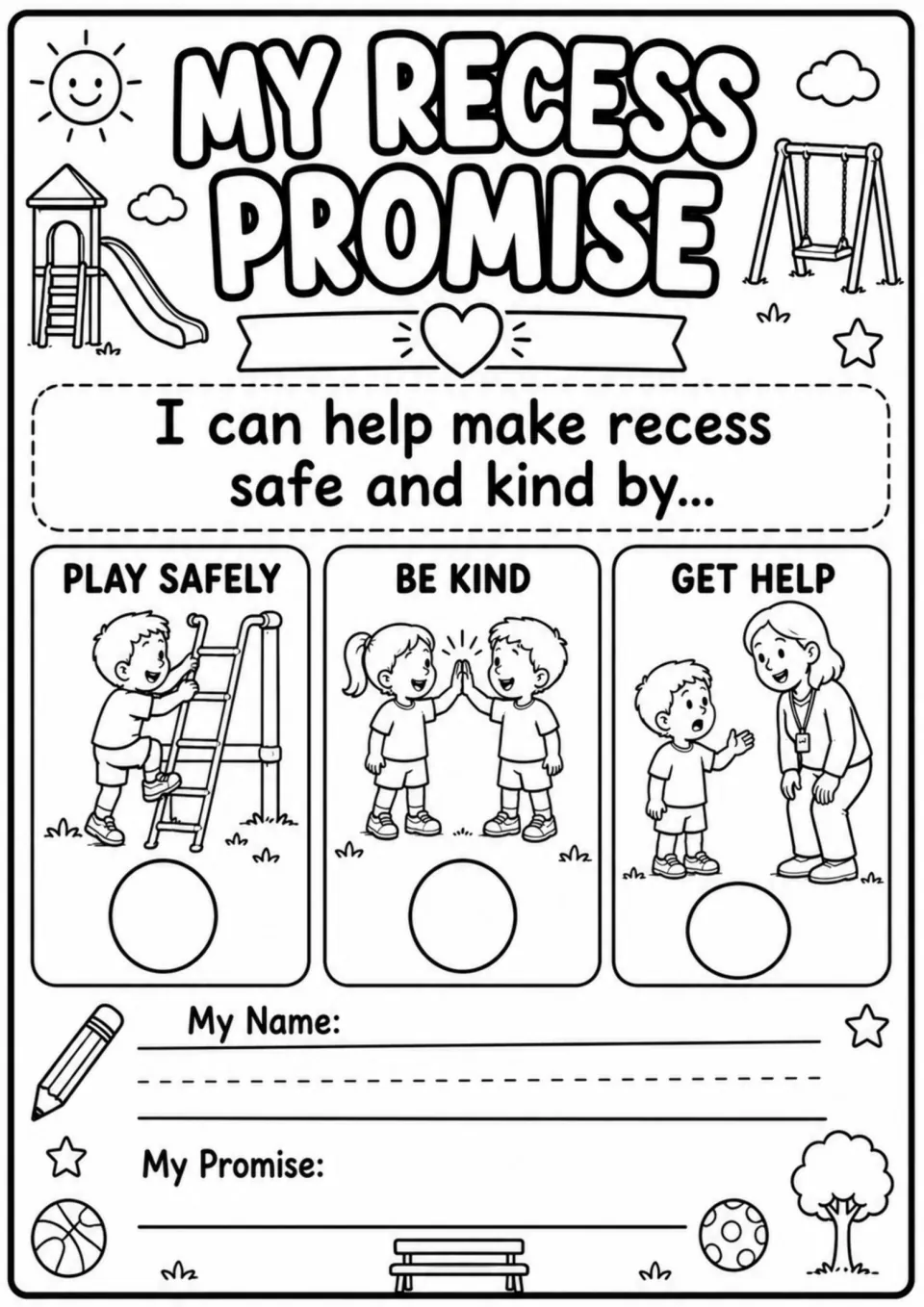 Student recess promise page highlights play safely, be kind, and get help, with spaces for a name and promise