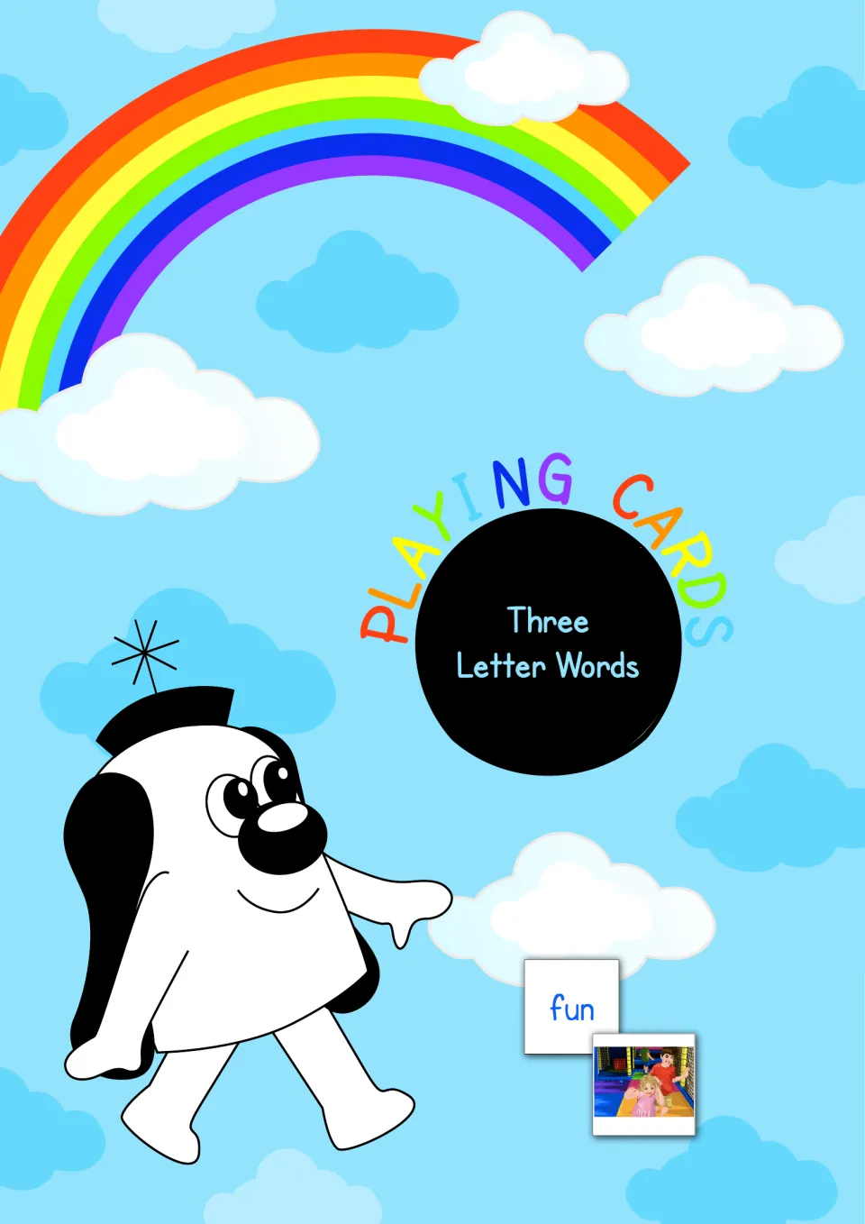 Playing Cards: Three Letter Words cover with a cartoon character, a rainbow and sample fun word and picture cards