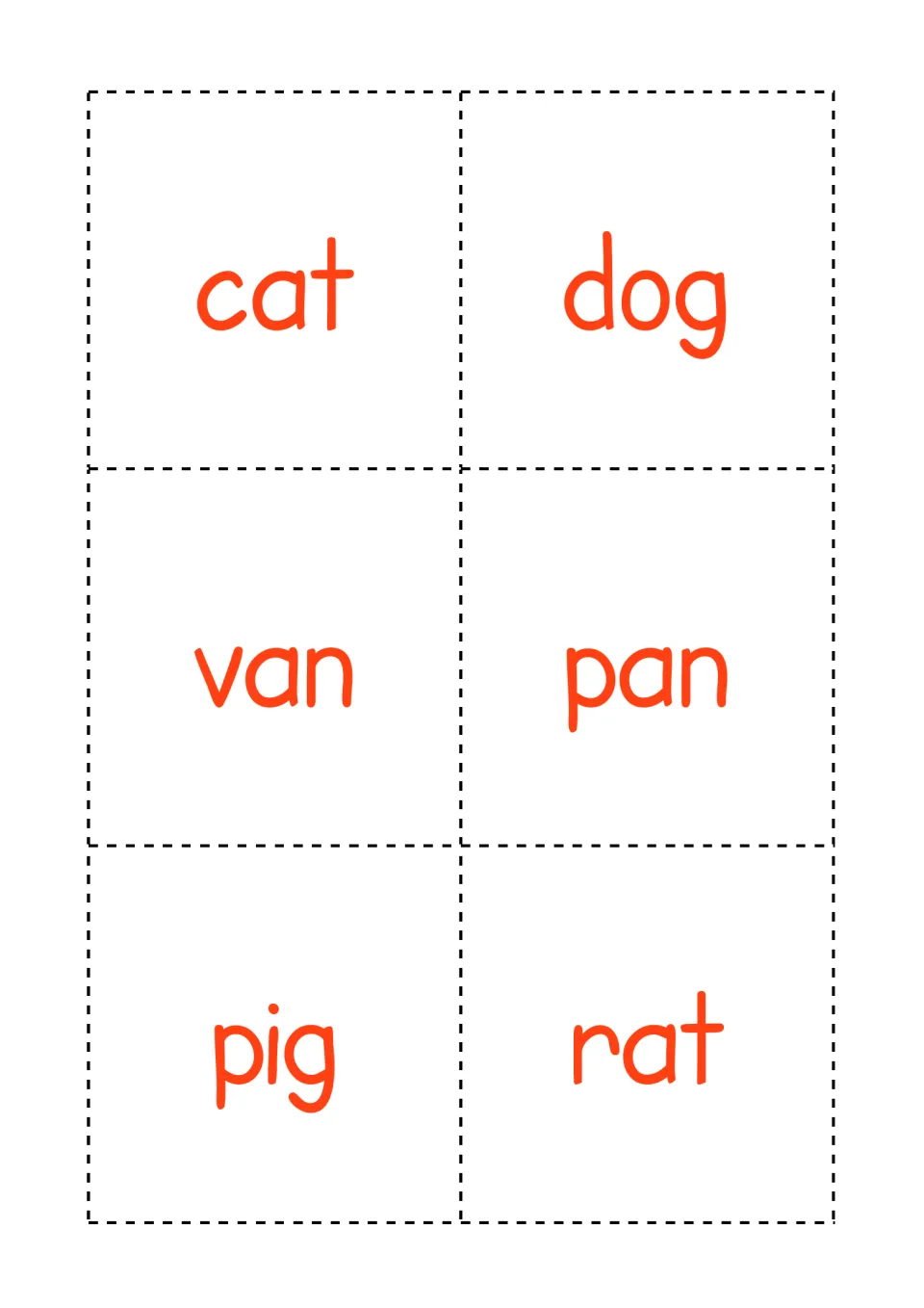 Red word cards to cut out for sounding out CVC words: cat, dog, van, pan, pig and rat, for matching to picture cards