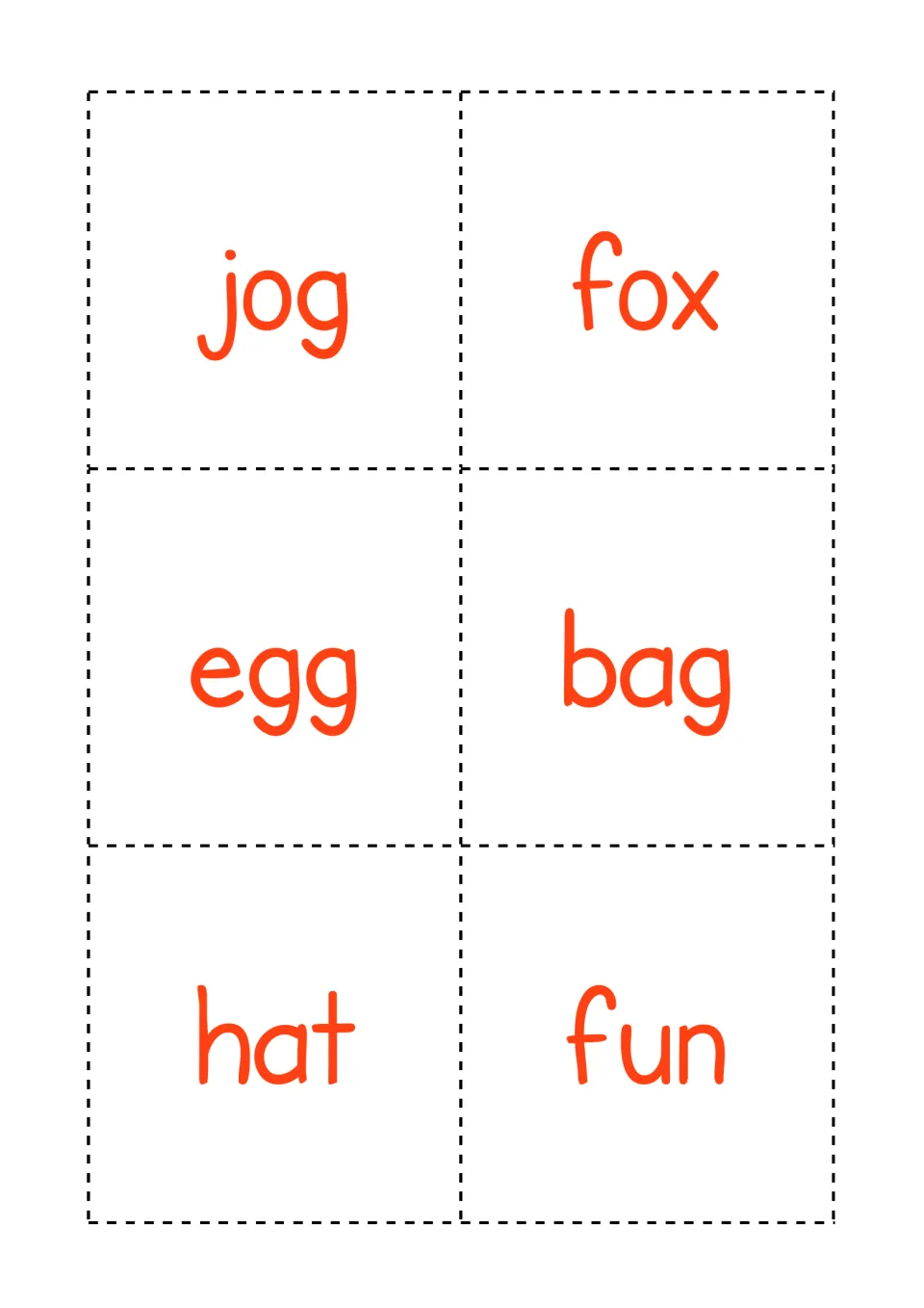 Red word cards to cut out for decoding practice: jog, fox, egg, bag, hat and fun, read aloud and paired with pictures