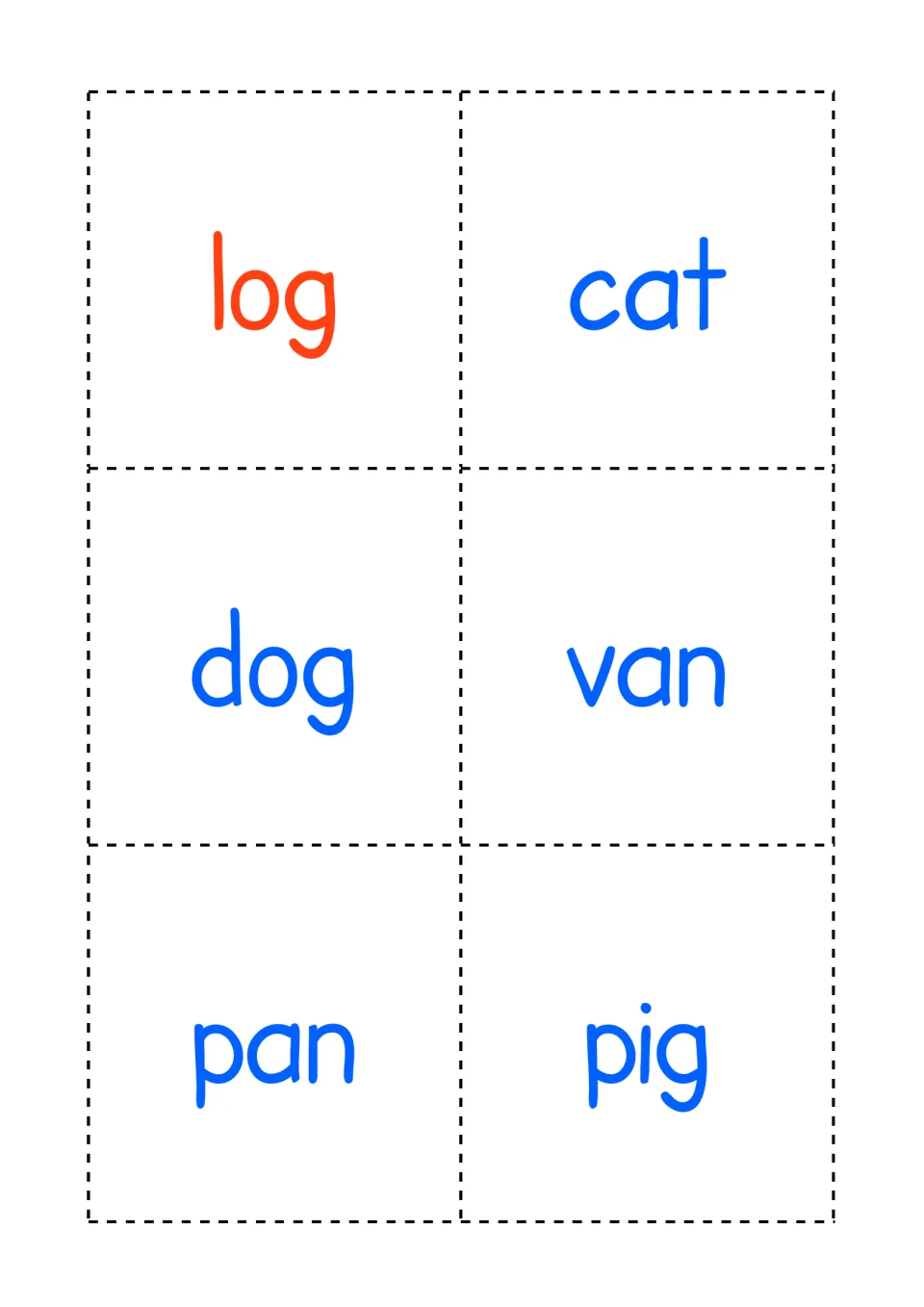Word cards to cut out: log in red plus cat, dog, van, pan and pig in blue, giving duplicate words for pair games